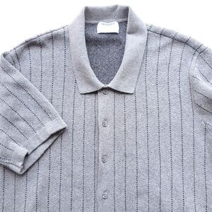 Short Sleeve Button Up Knit Shirt XL Gray 100% Cotton Striped Sweater Polo Retro